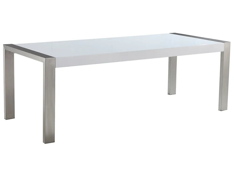 Rectangular glass table with metal frame on a white background