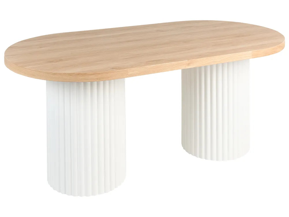 Wooden table with white ribbed cylindrical legs on a white background