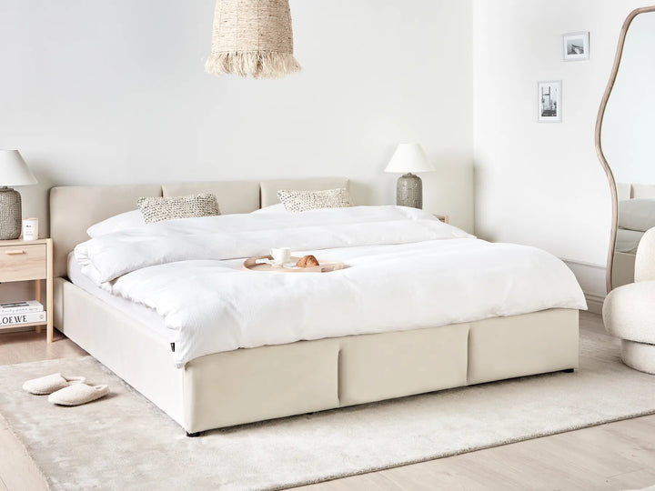 Upholstered velvet bed with gas lift storage base