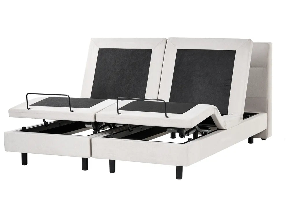 White adjustable bed base with black panels on a white background