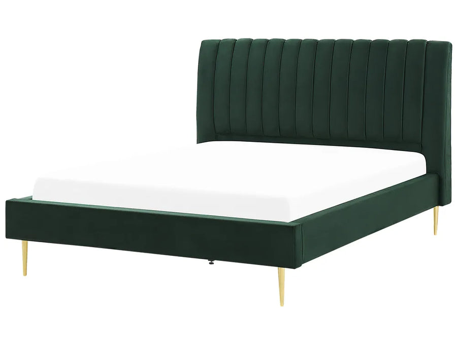 Green upholstered bed with white mattress on a white background