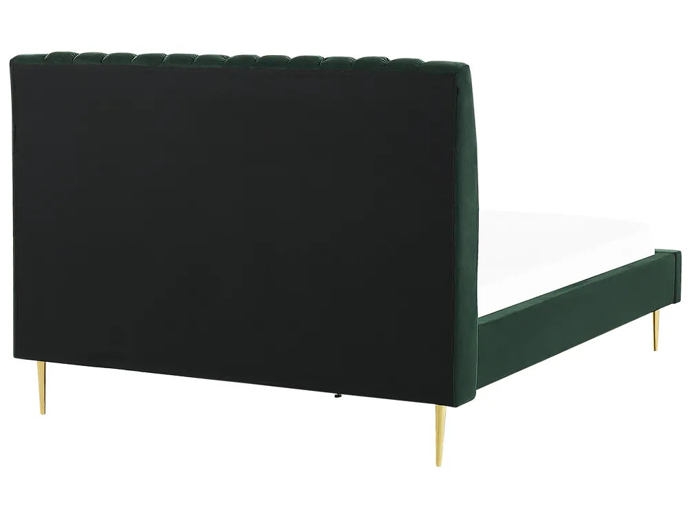Green upholstered headboard with gold legs on a white background