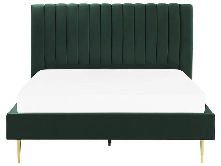 Green upholstered bed with white mattress on a white background