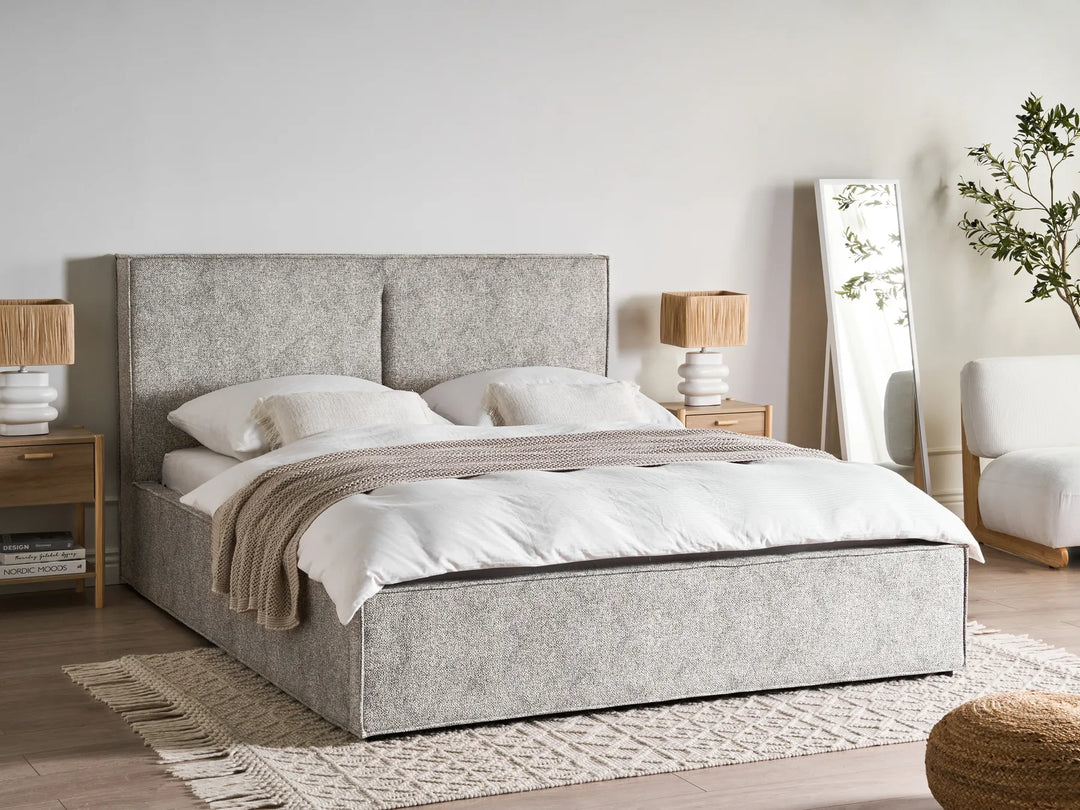 Modern ottoman bed with textured velour knit upholstery