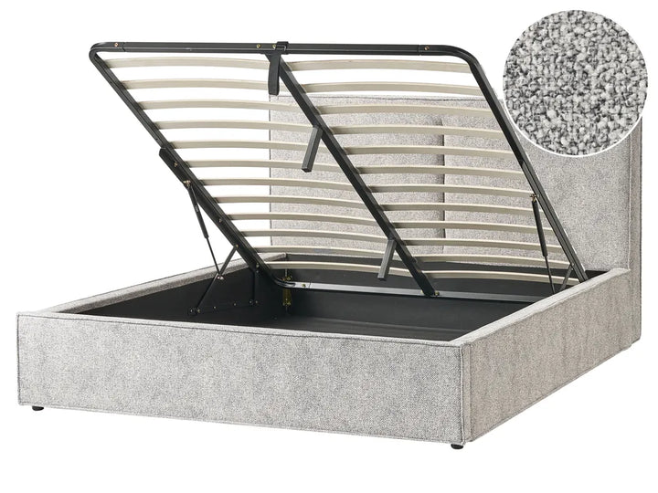 Contemporary black and white fabric bed with tufted headboard
