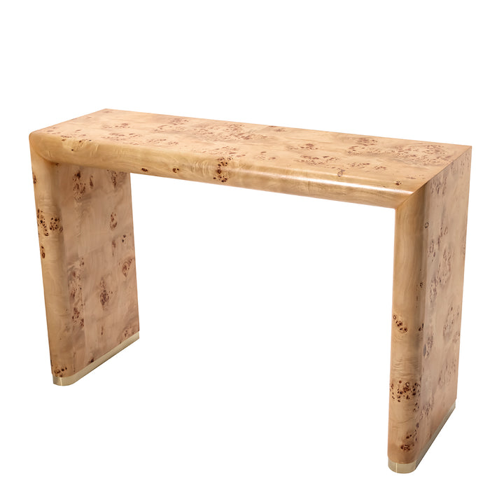 A modern console table made of natural burl wood with a glossy finish, featuring a thick rectangular top and two thick block legs, shown on a plain white background.