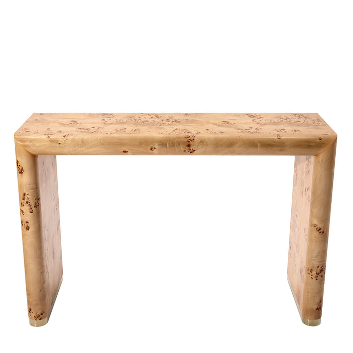 A rustic burl wood console table with a thick rectangular top and two thick block legs, shown against a plain white background.