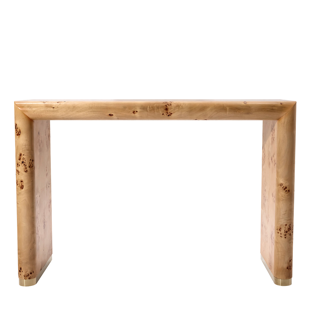 A modern console table with a thick, square burl wood frame, featuring prominent natural grain patterns and dark knots, isolated on a white background.