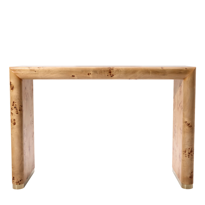 A modern console table with a thick, square burl wood frame, featuring prominent natural grain patterns and dark knots, isolated on a white background.