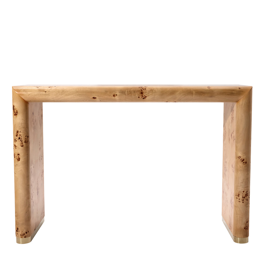 A modern console table with a thick, square burl wood frame, featuring prominent natural grain patterns and dark knots, isolated on a white background.