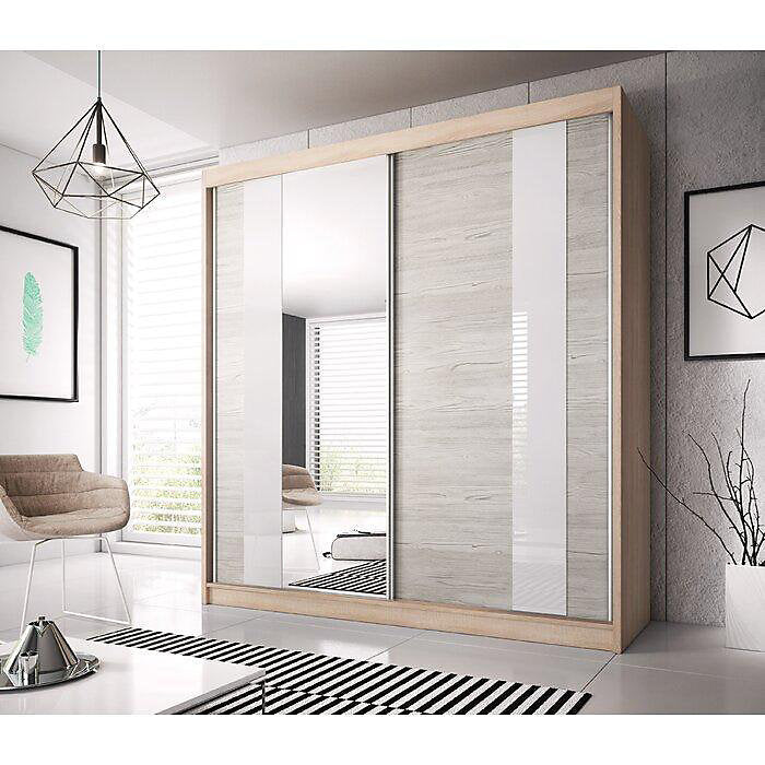 Stylish Oak Sonoma Multi Sliding Mirror Door Wardrobe 233cm- Kathult Oak & White Gloss Front