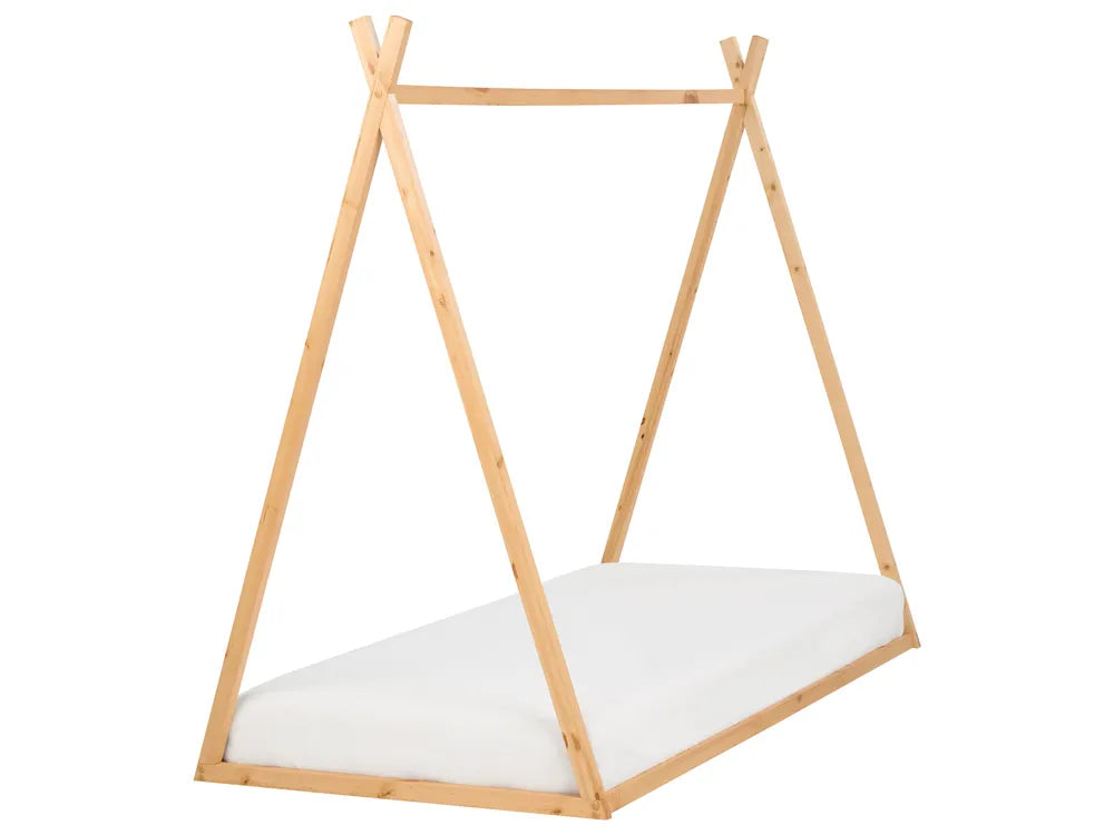 Wooden teepee-style bed frame with white mattress on a white background