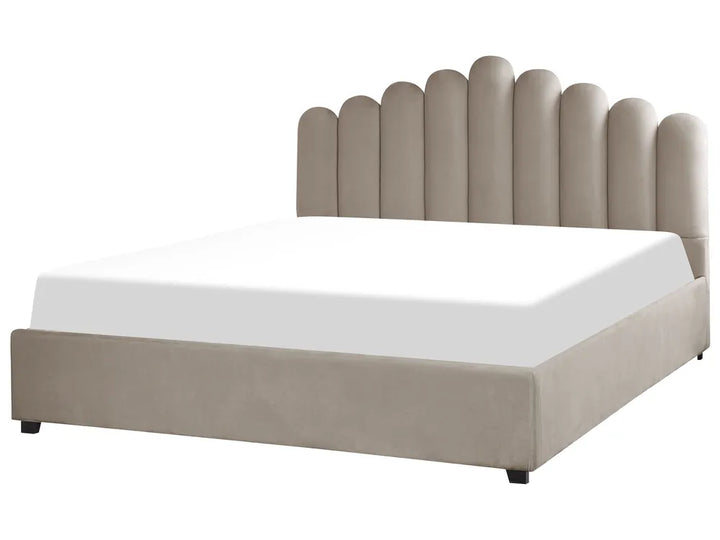 Taupe velvet super king ottoman bed with shell headboard