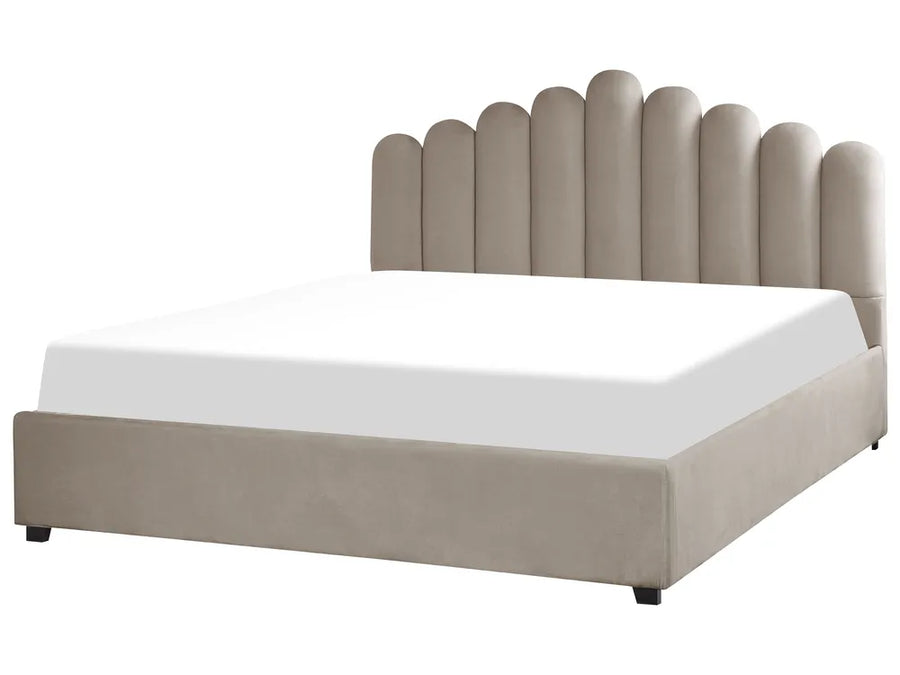 Taupe velvet super king ottoman bed with shell headboard