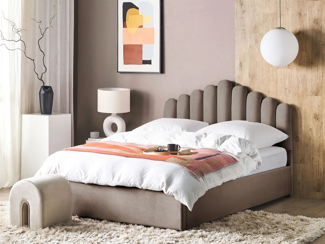 Upholstered velvet bed with hidden storage compartment
