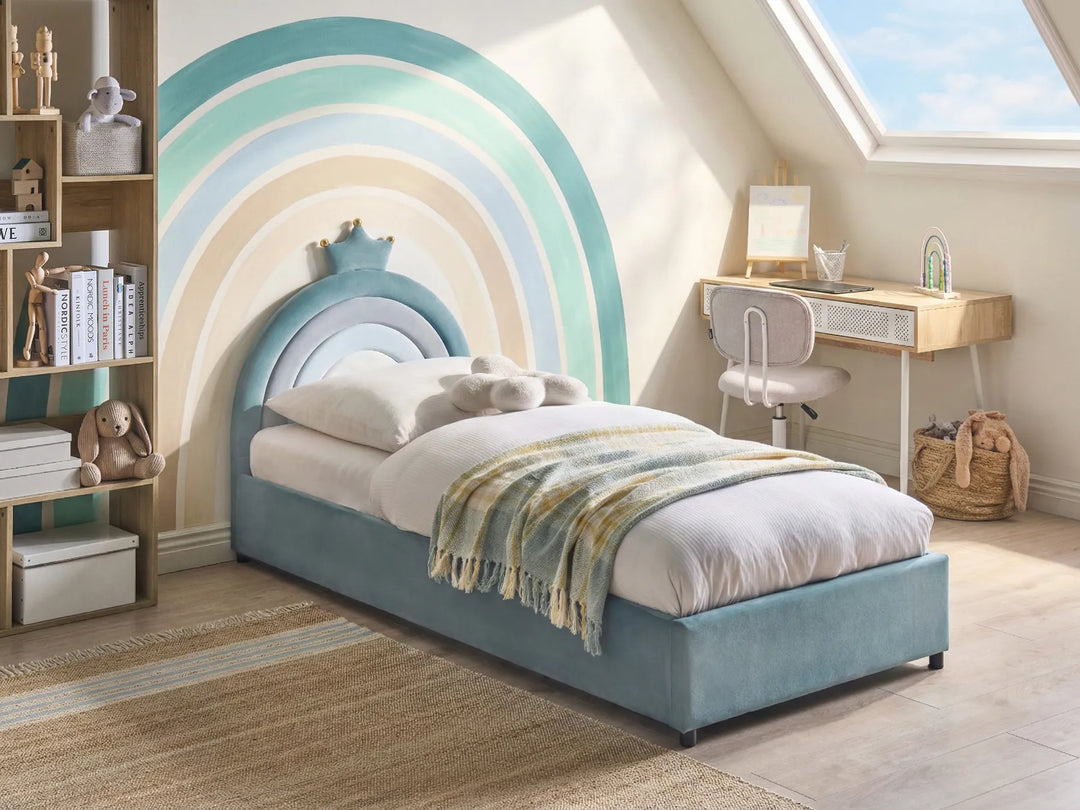 Children's bedroom with a colorful headboard and desk area.