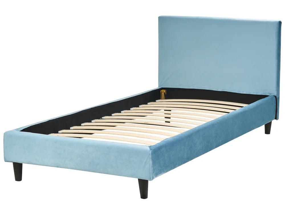 Blue upholstered bed frame with wooden slats on a white background