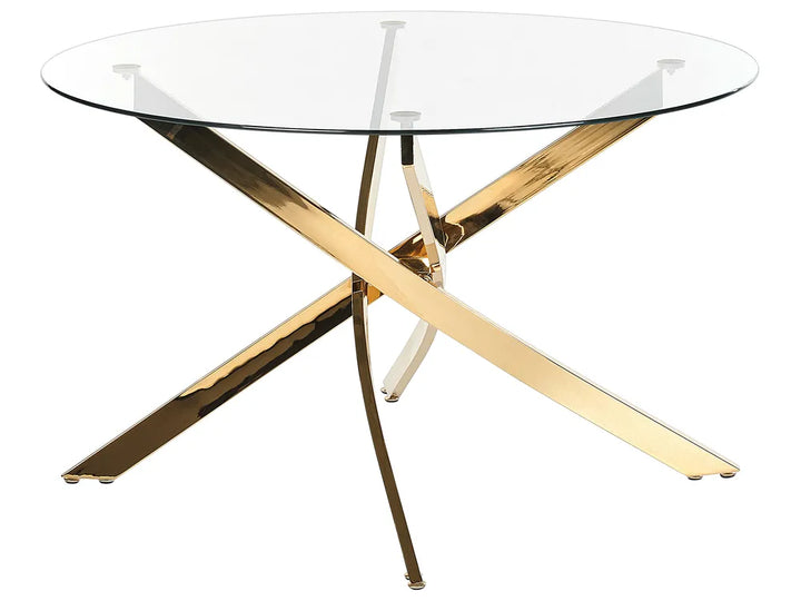 Glass table with gold metal legs on a white background