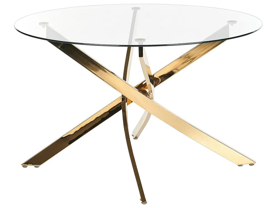 Glass table with gold metal legs on a white background