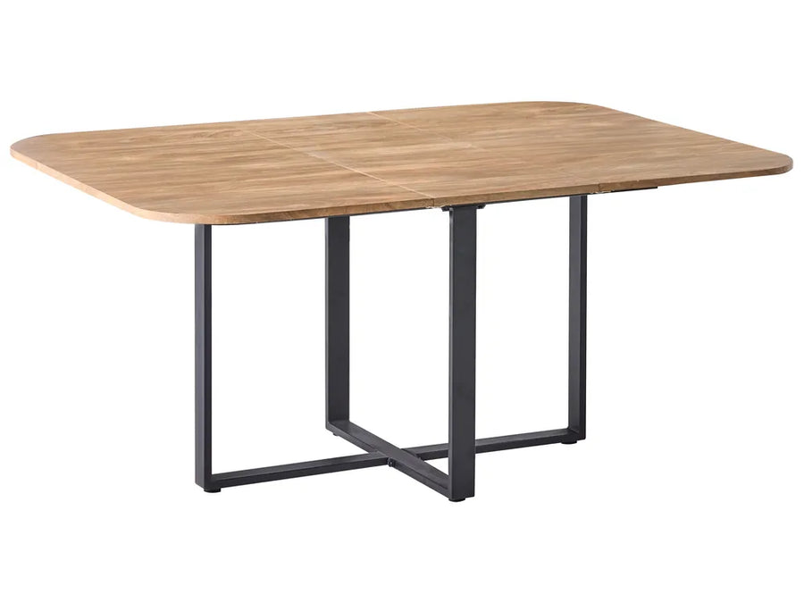 Wooden table with black metal legs on a white background