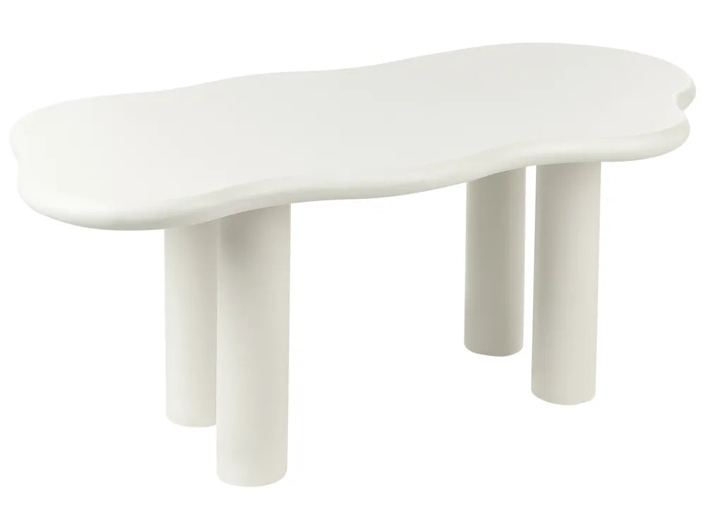 White abstract table with multiple cylindrical legs on a white background