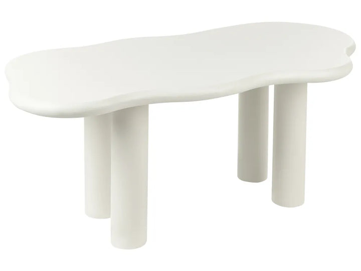 White abstract table with multiple cylindrical legs on a white background