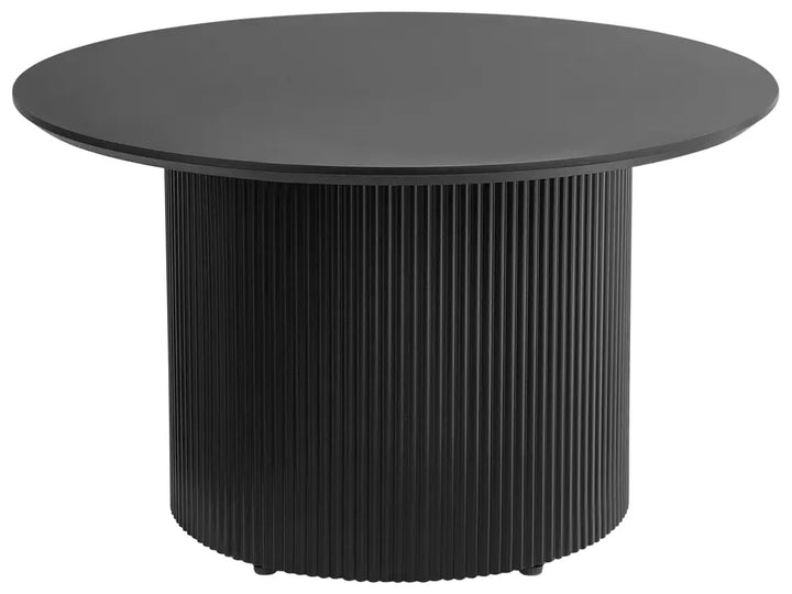 Black round table with ribbed cylindrical base on a white background