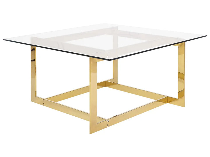 Glass coffee table with gold metal frame on a white background