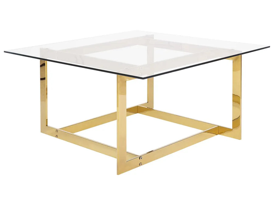 Glass coffee table with gold metal frame on a white background