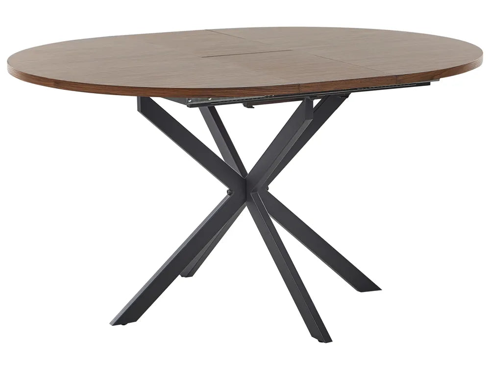 Round wooden table with black metal legs on a white background