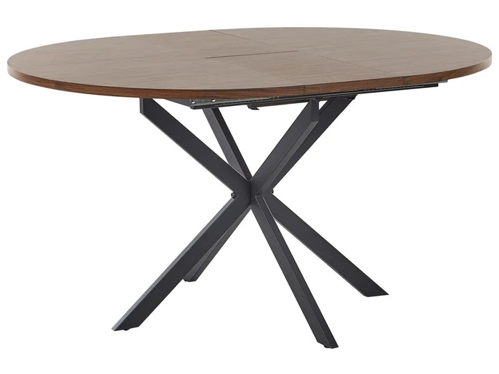 Round wooden table with black metal legs on a white background