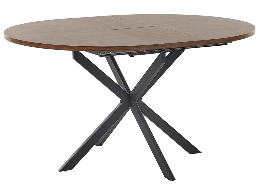 Round wooden table with black metal legs on a white background