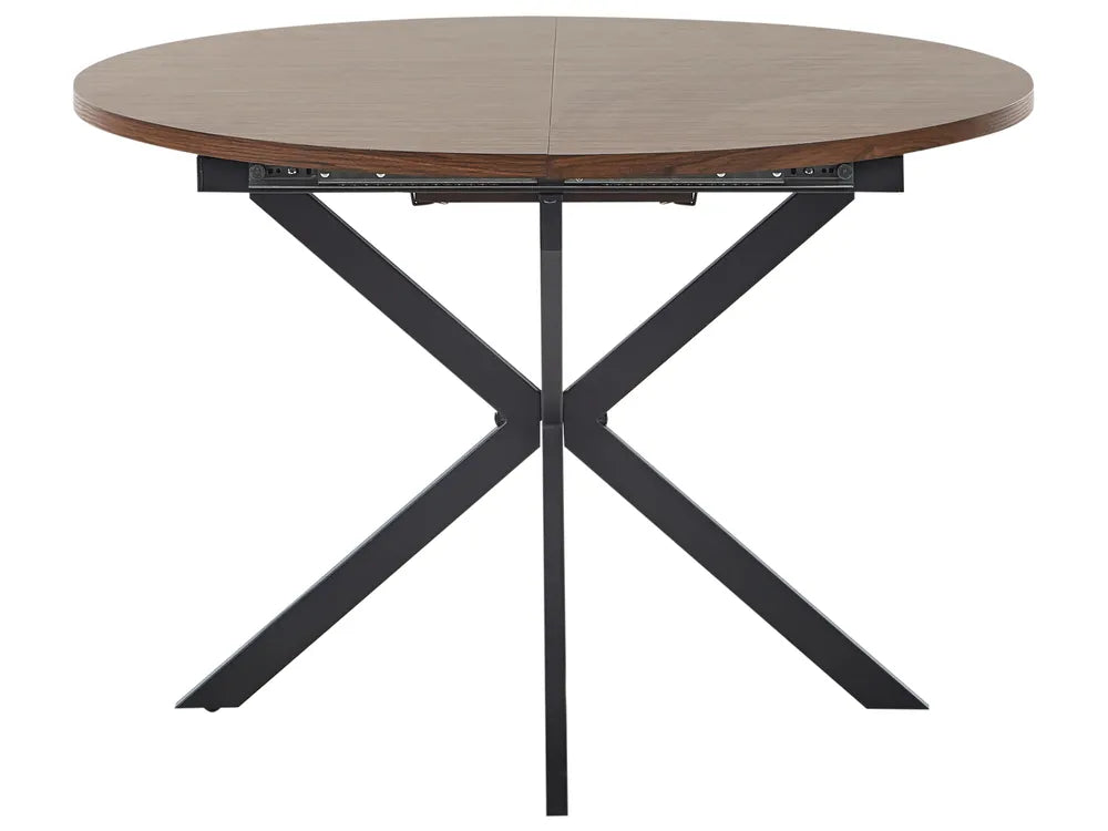 Round wooden table with black metal legs on a white background