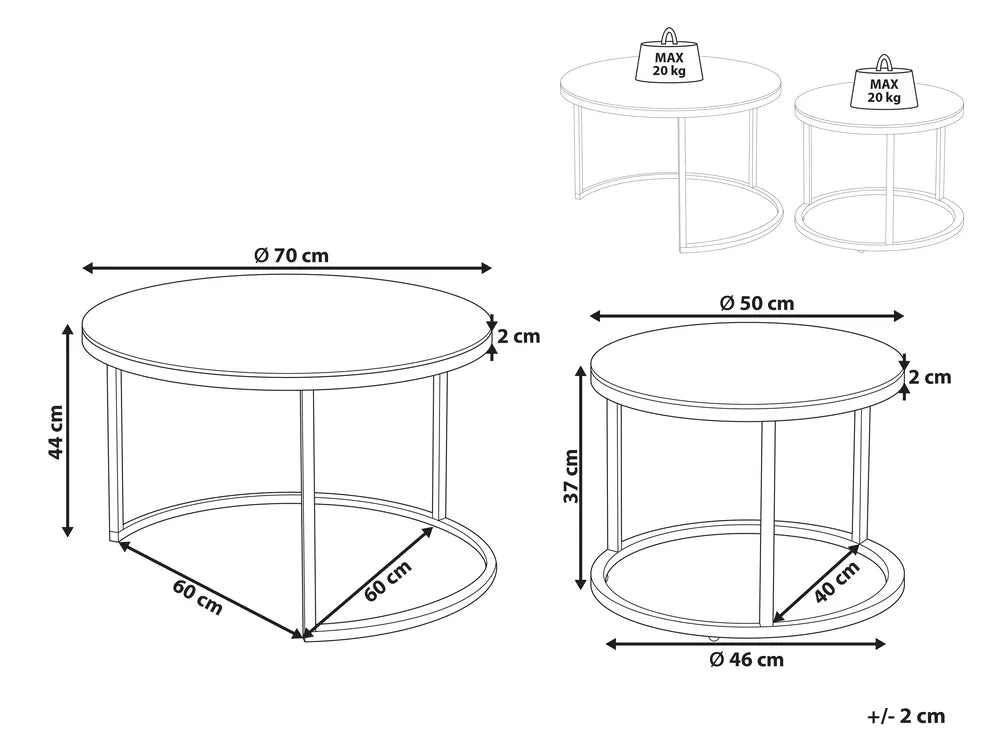 Set of 2 Coffee Tables Tempered Glass Gold Haben
