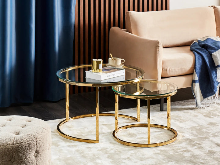 Set of 2 Coffee Tables Tempered Glass Gold Haben
