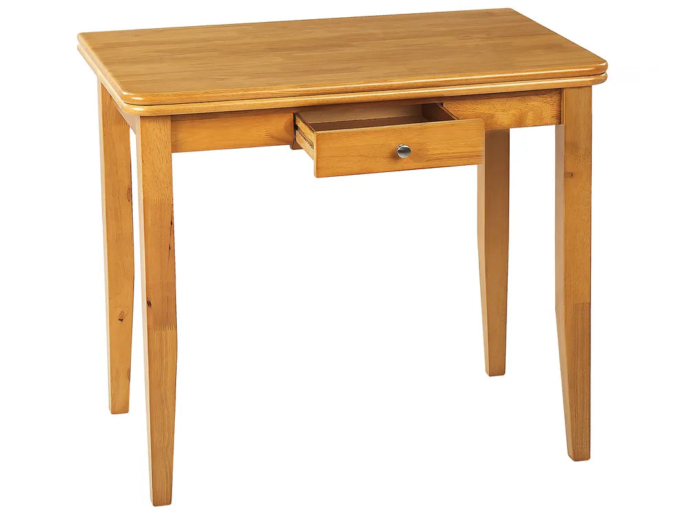 Wooden desk with a single drawer on a white background