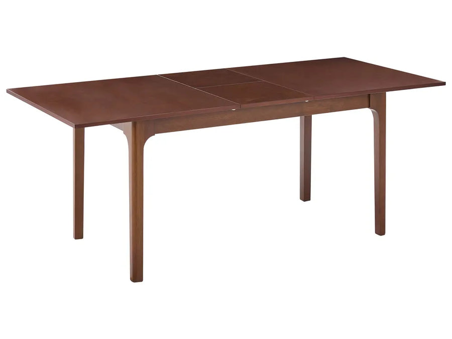 Brown wooden dining table with four legs on a white background