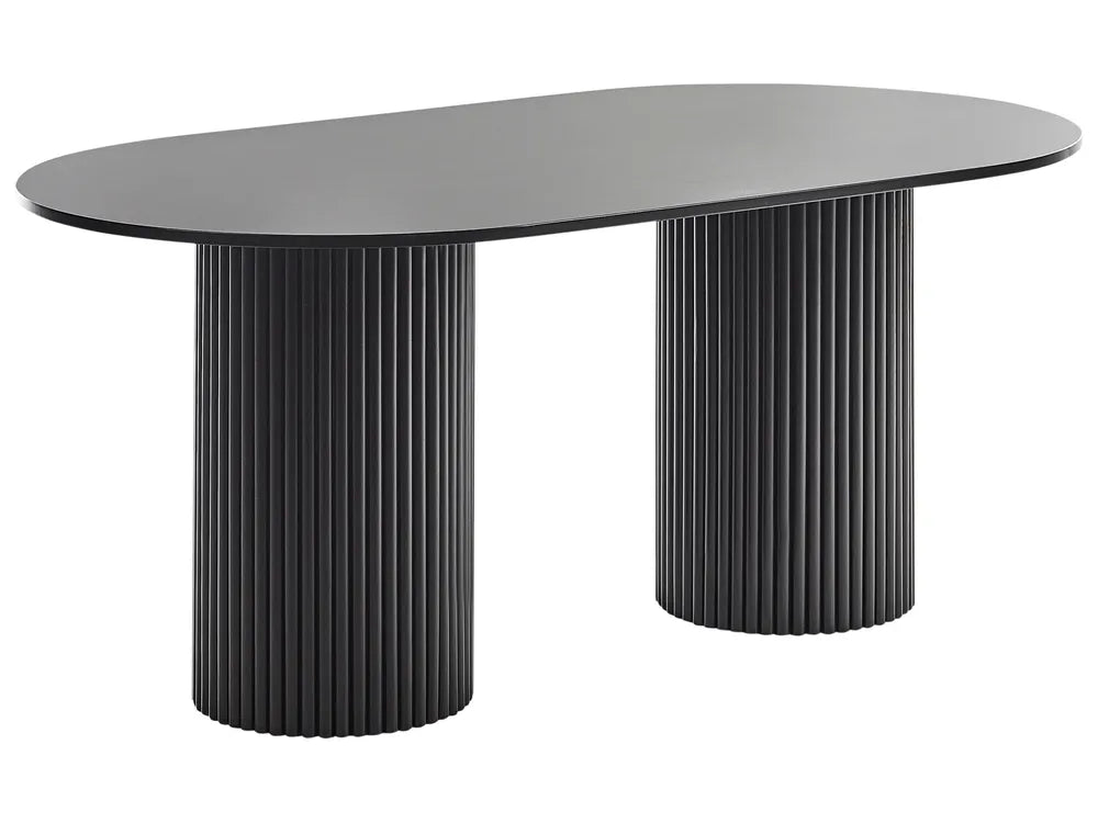 Modern black dining table with ribbed cylindrical legs on a white background