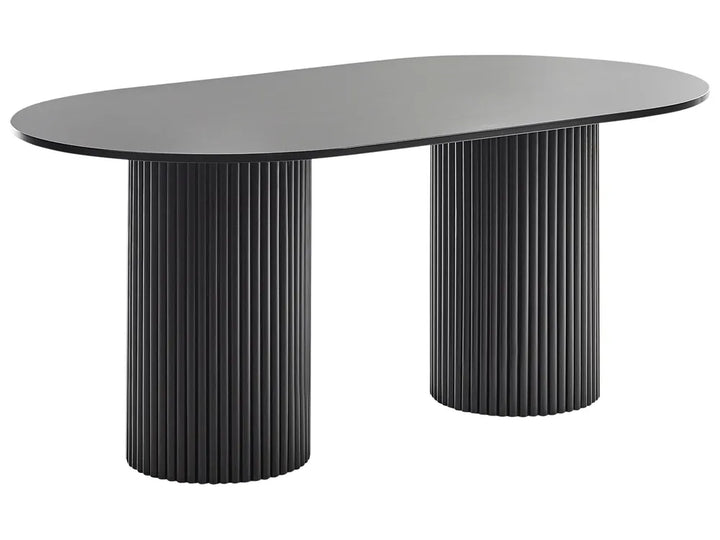 Modern black dining table with ribbed cylindrical legs on a white background