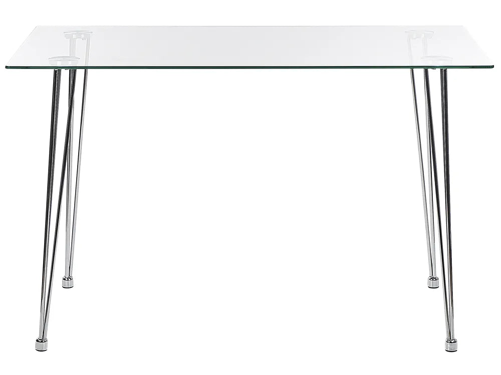 Clear glass table with chrome legs on a white background