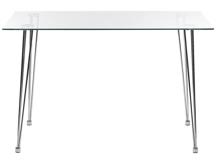 Clear glass table with chrome legs on a white background