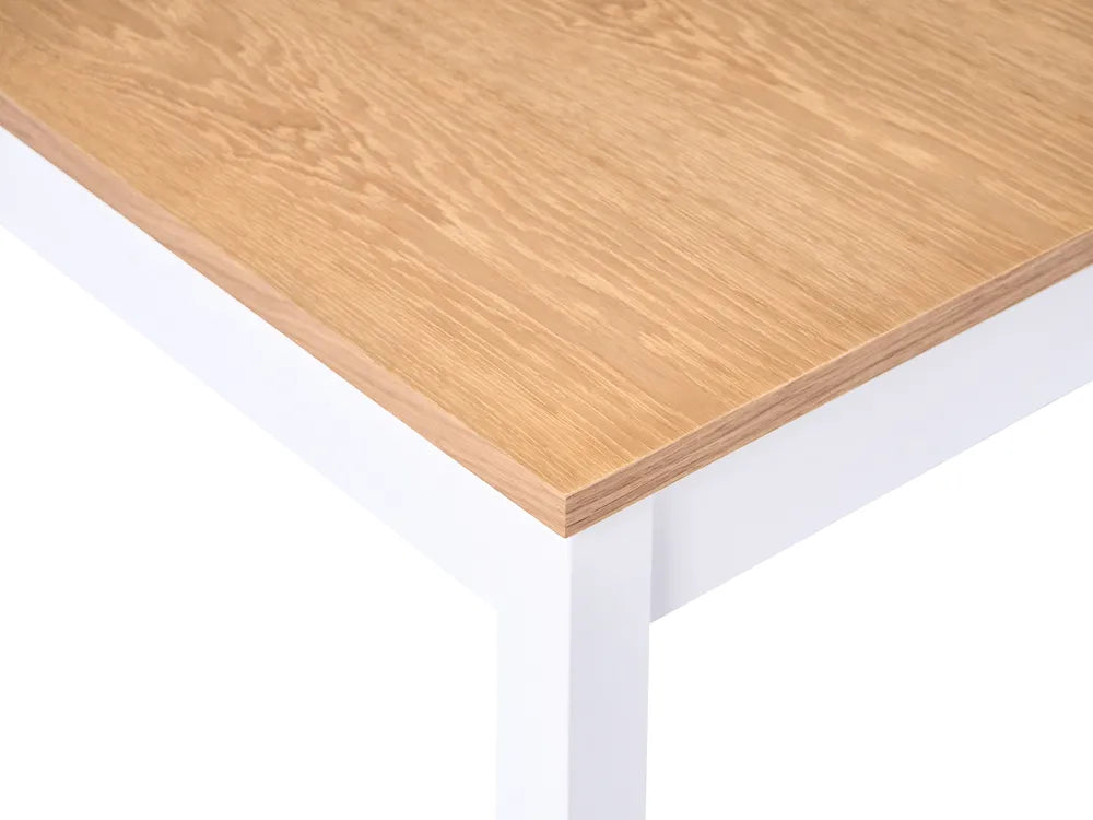 Wooden table top on a white metal frame