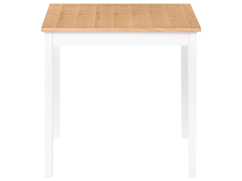 Small table with a wooden top and white base on a white background