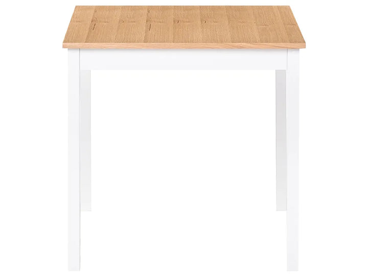Small table with a wooden top and white base on a white background