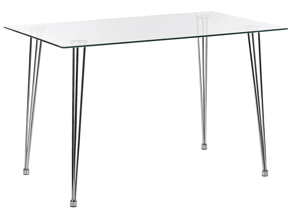 Clear glass table with metal legs on a white background