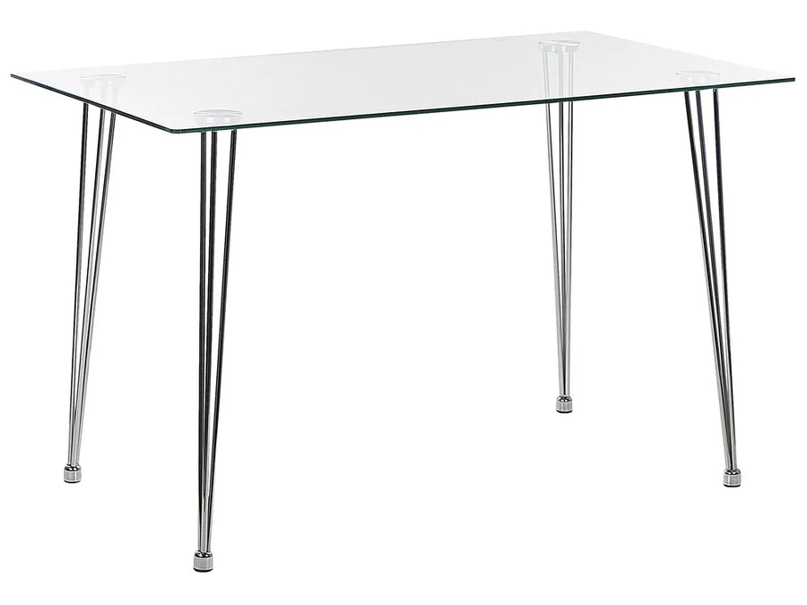 Clear glass table with metal legs on a white background