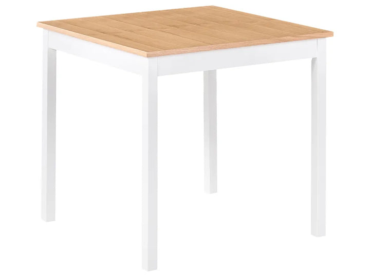 Square table with wooden top and white legs on a white background