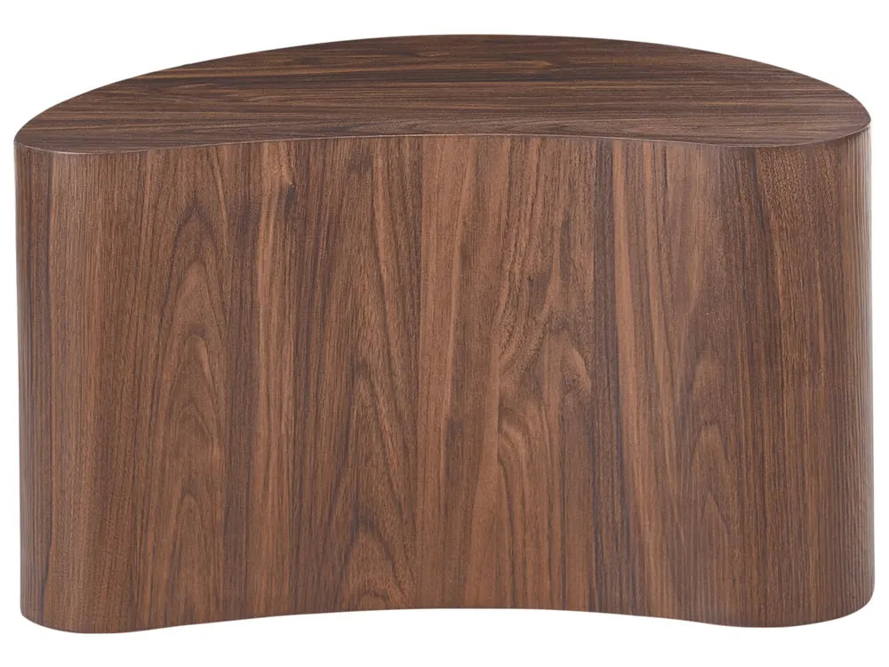 Wooden side table with a curved design on a white background