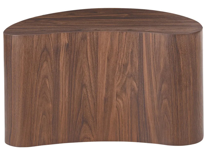 Wooden side table with a curved design on a white background