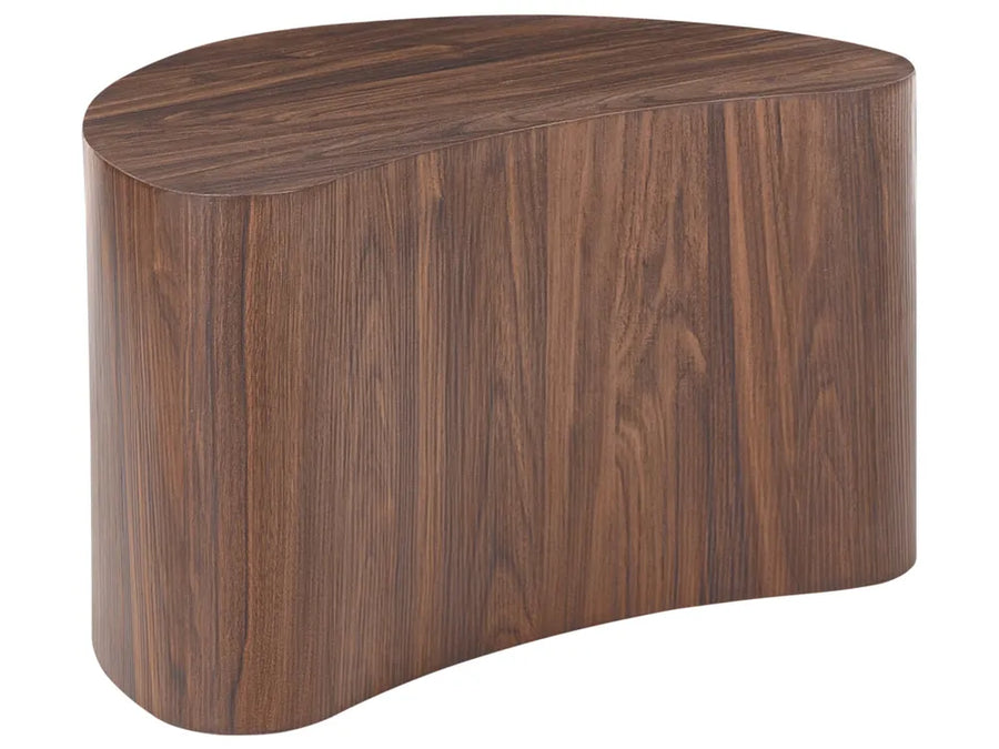 Wooden side table with a curved design on a white background